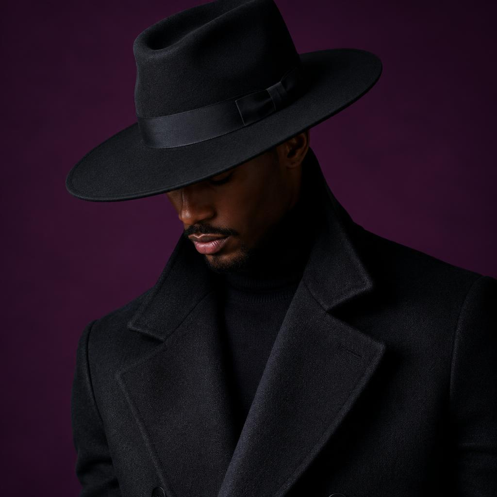 Model in black hat and dark coat