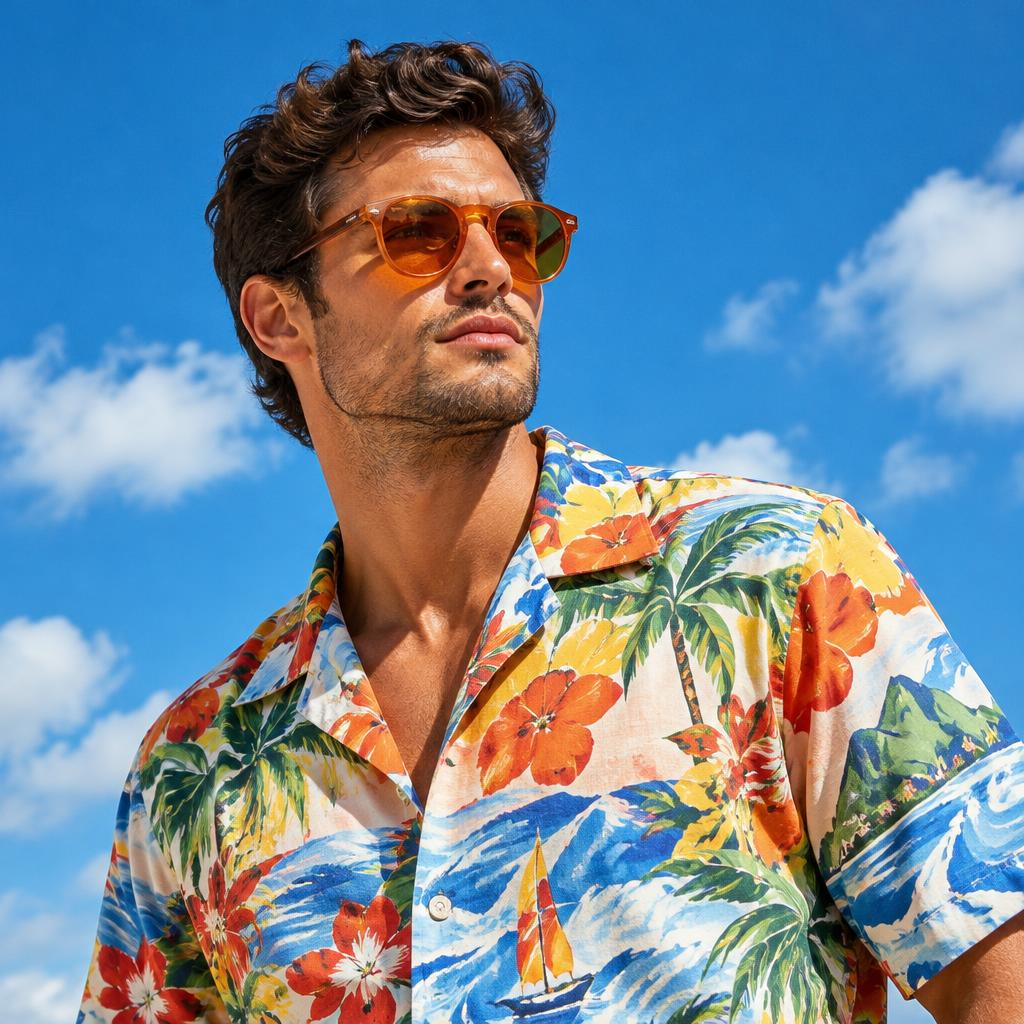 Model with orange sunglasses under blue sky