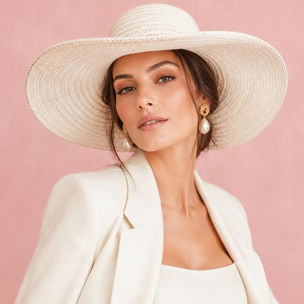 Model wearing straw hat