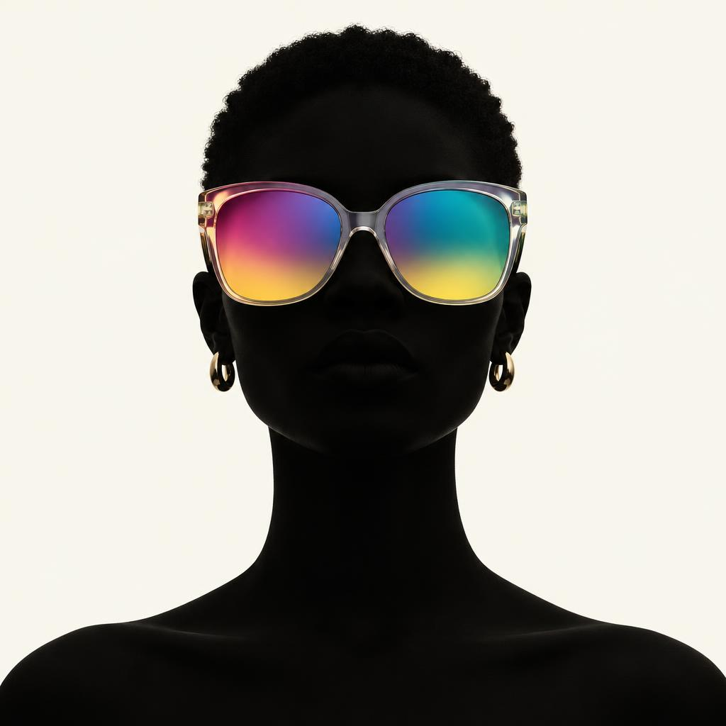 Model silhouette wearing colorful sunglasses