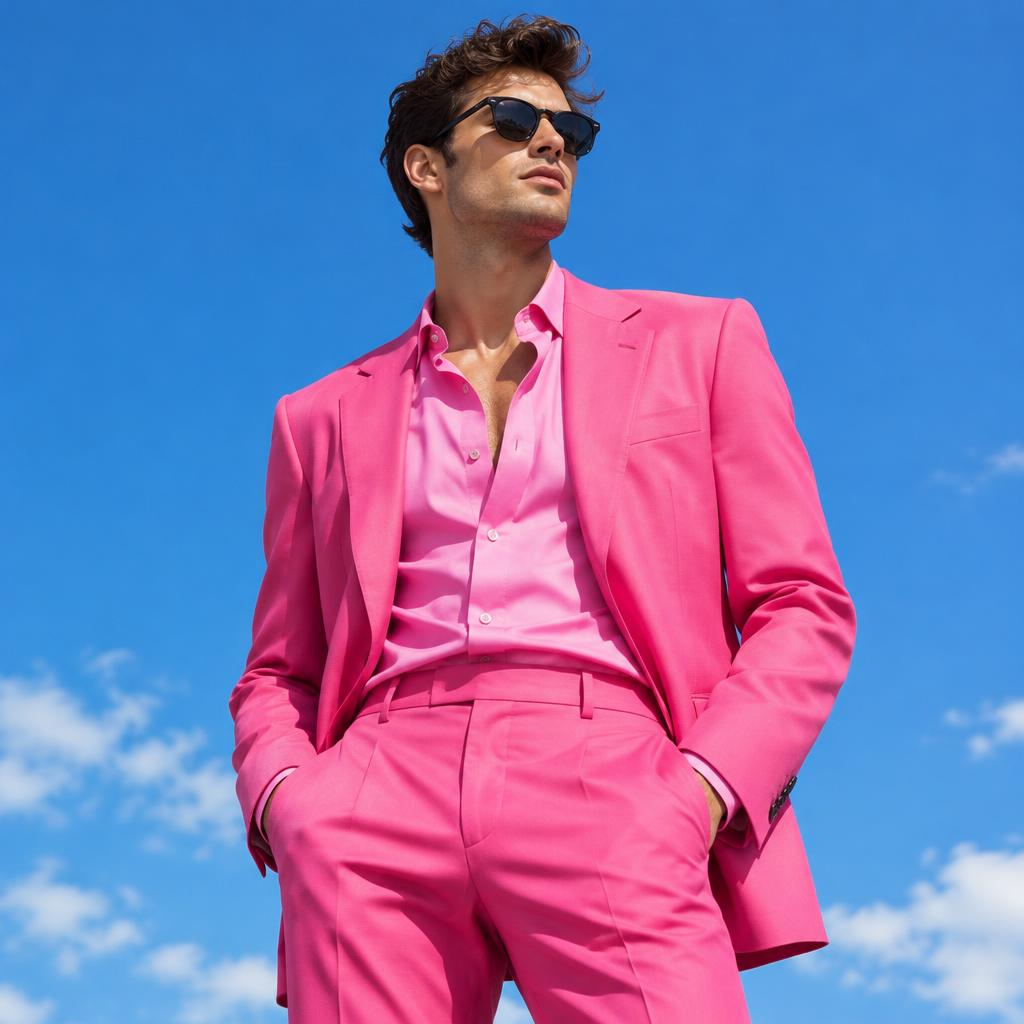 Man in pink suit against a blue sky