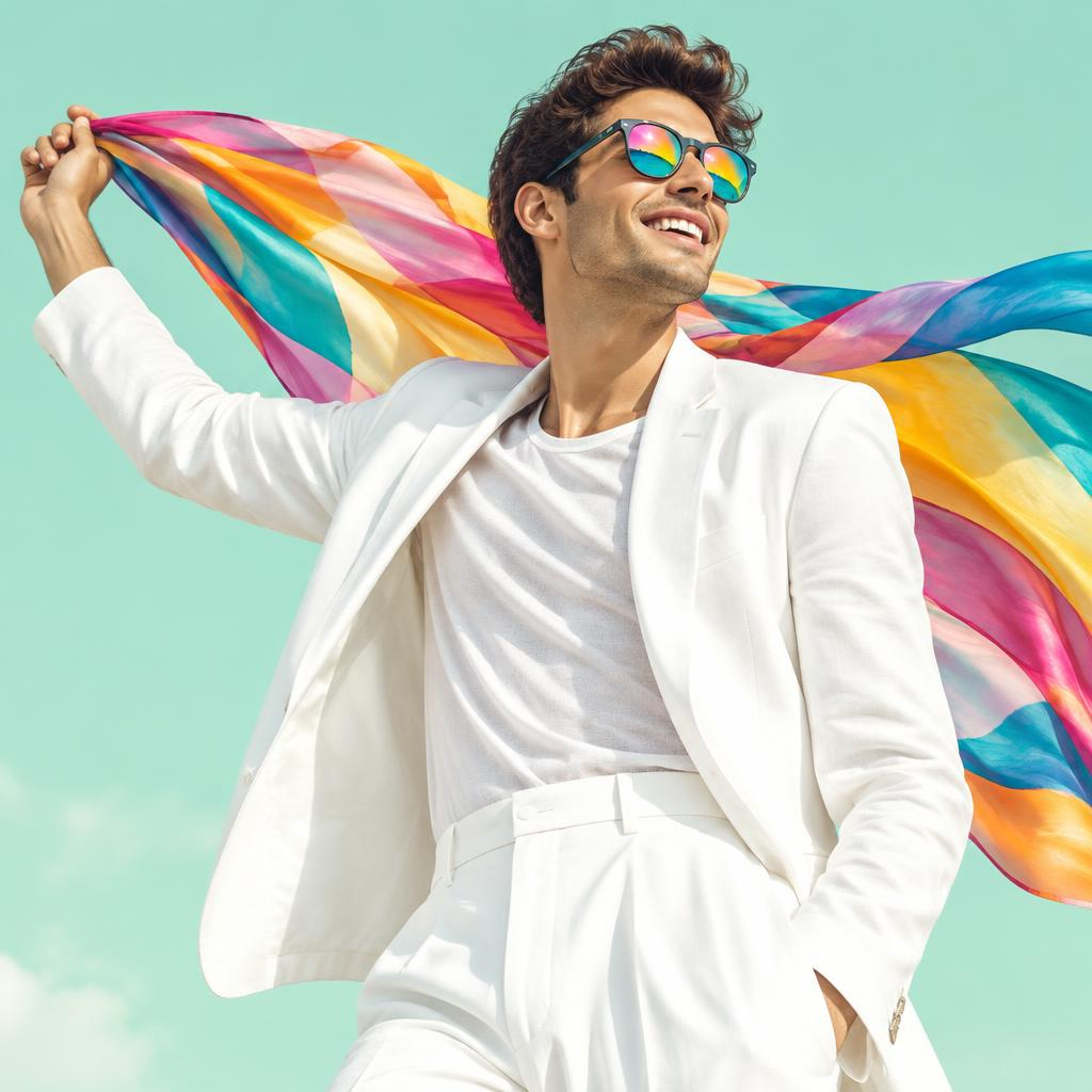 Man in white outfit with mirrored sunglasses