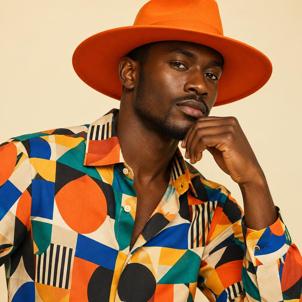 Model wearing an orange hat and patterned shirt